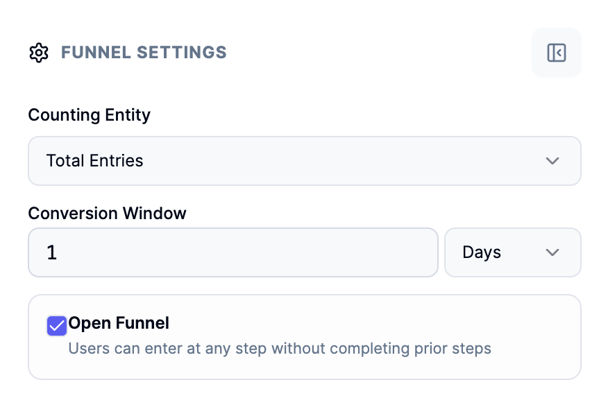 Funnel Settings showing Total Entries counting, a 1 Day conversion window, and Open Funnel enabled.