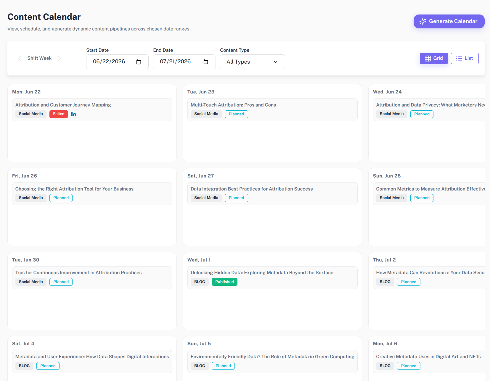 grid list of content calendar